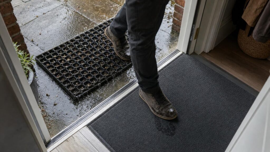 A person steps from a wet outdoor grid mat onto an absorbent indoor mat at a home entrance.