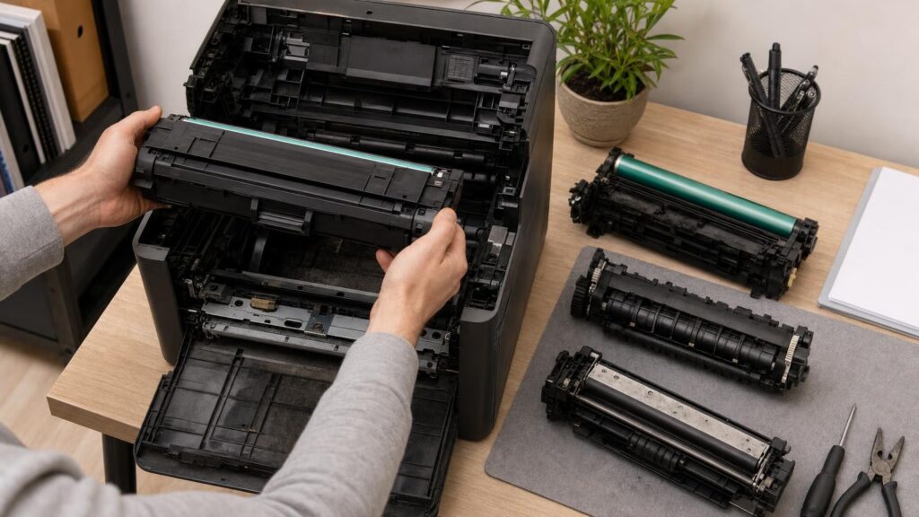 Hands replace a toner cartridge while separate used printer components remain beside an open laser printer.
