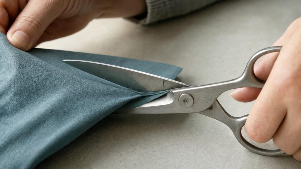 Close-up of scissors pinching and folding thin fabric between slightly separated blades.