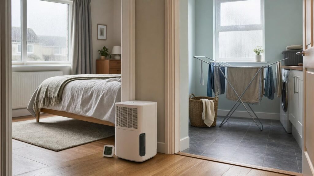 An unbranded dehumidifier sits between a heated bedroom with window condensation and a cooler utility room with drying laundry.