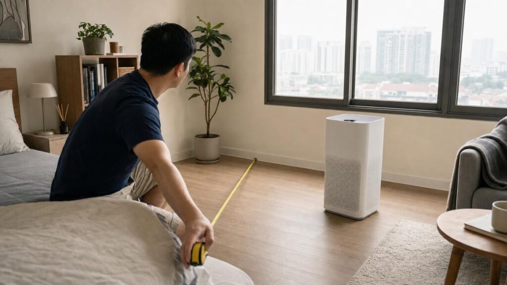 A resident measures a Singapore room beside an unbranded air purifier as haze softens the view through closed windows.