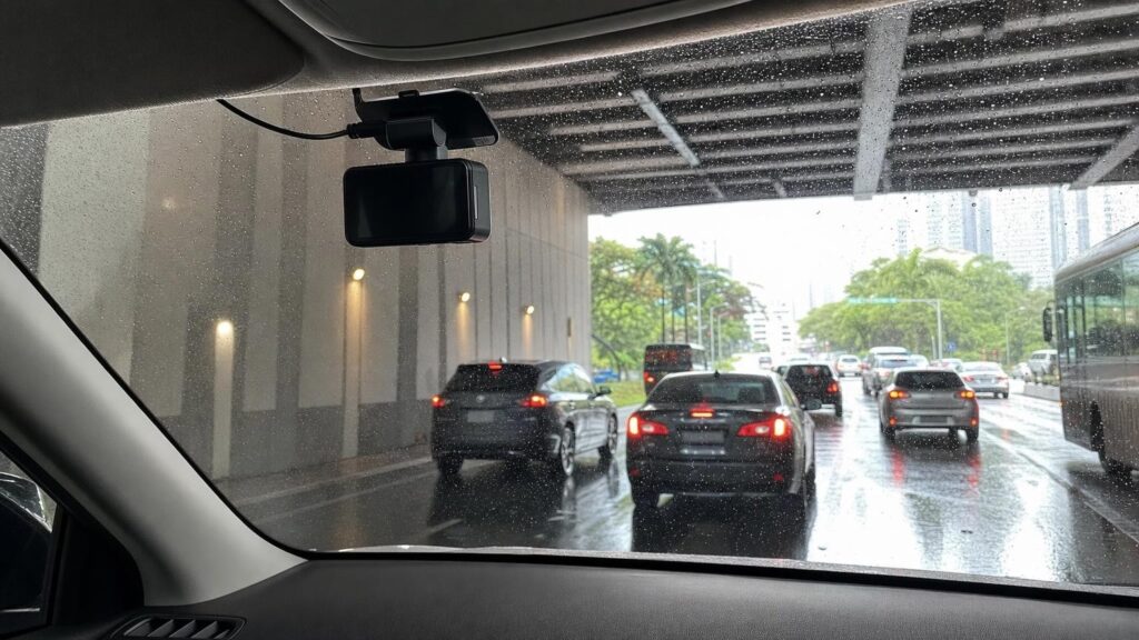 A discreet dash cam mounted inside a car facing wet traffic and the bright exit of a covered Singapore road.