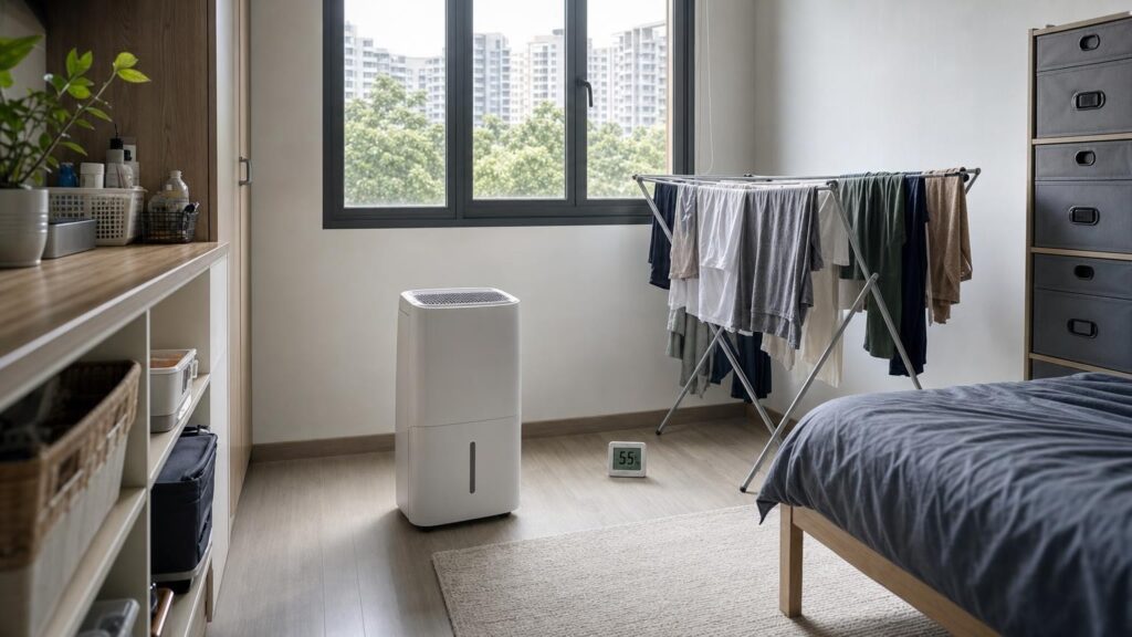 An unbranded dehumidifier in a closed Singapore apartment room beside a rack of drying laundry and a humidity meter.