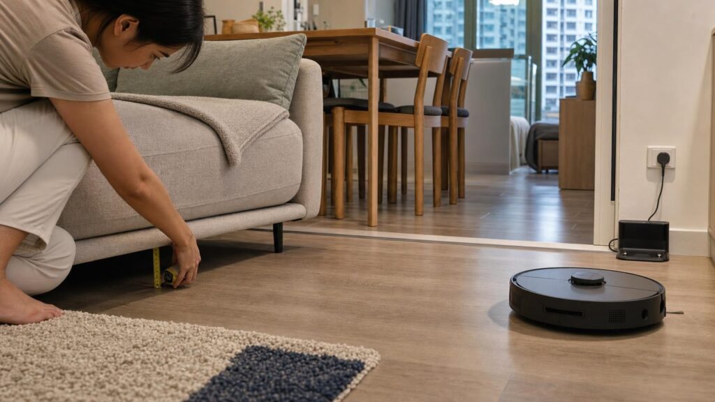 A resident measures the clearance under a low sofa beside a robot vacuum in a compact apartment living area.