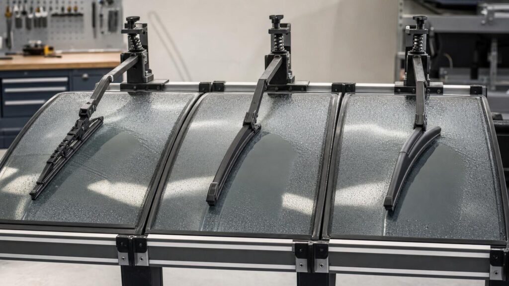Conventional, beam and hybrid wiper blades mounted against three matching sections of wet curved windscreen glass.