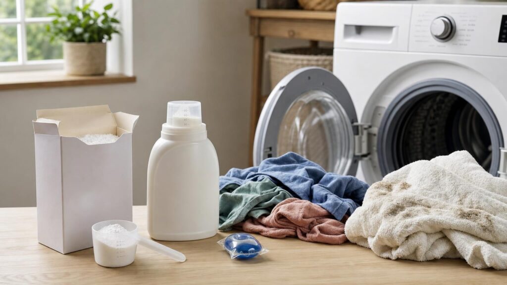 Powder, liquid and a laundry capsule beside measured doses, two different laundry loads and an open washing machine.