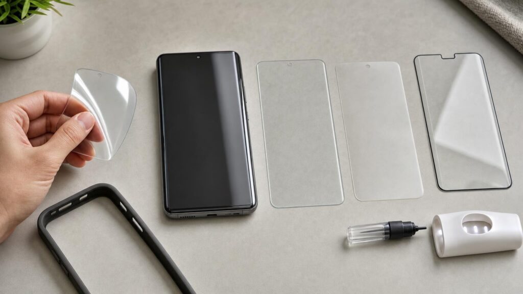 Unbranded phone surrounded by rigid glass, thin plastic films and a liquid-adhesive protector setup, with a flexible film bending around the curved screen edge.
