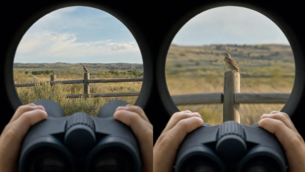 Two handheld binocular views compare a wide, steady view of a bird with a closer, narrower view showing slight shake.