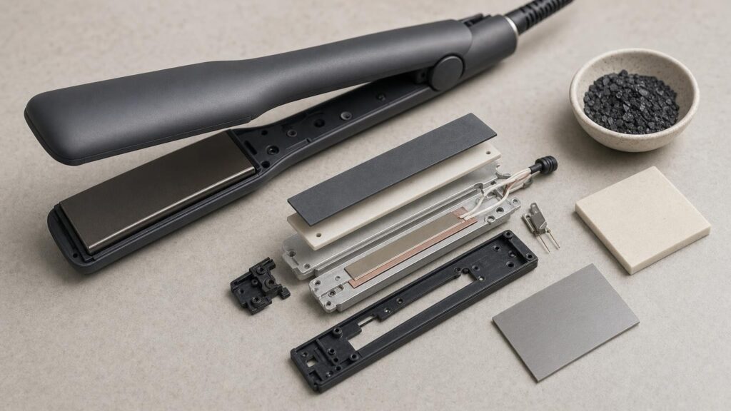 An unbranded hair straightener beside a disassembled plate showing its coating, metal base, heater, sensor and mounting components.