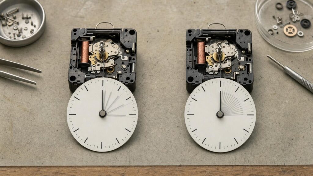 Two exposed quartz clock movements compare widely spaced and closely spaced second-hand steps.