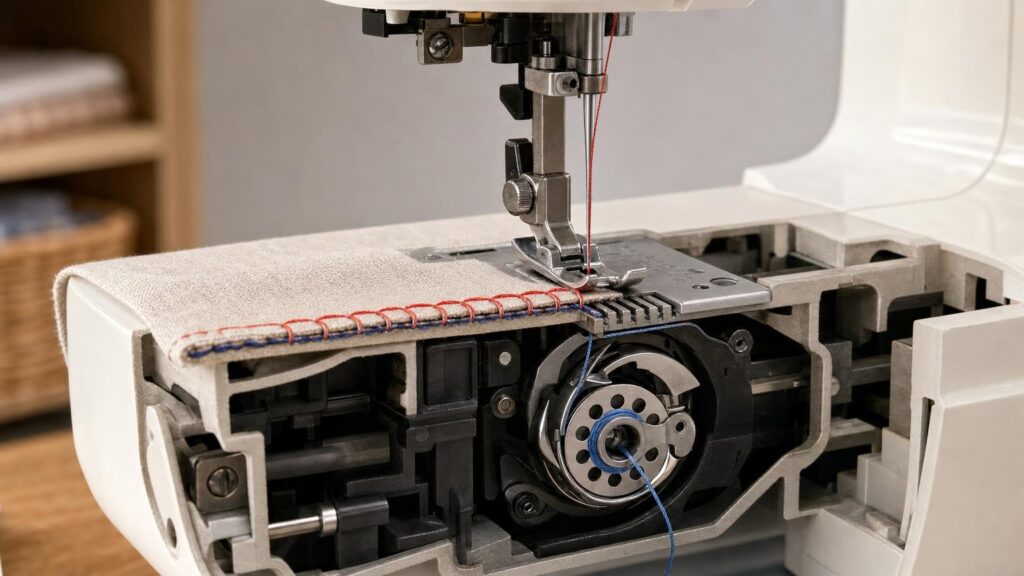 Cutaway view of a sewing machine forming a lockstitch with the needle, hook, bobbin, presser foot and feed dogs visible.