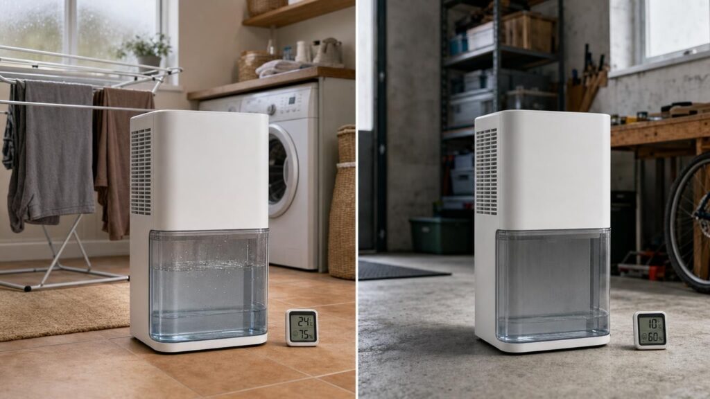Identical dehumidifiers collect different amounts of water in a warm laundry room and a cool utility space.