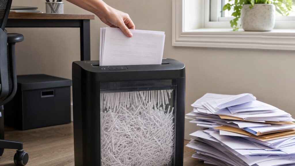 A hand feeds a small stack into a shredder beside mixed paperwork, with shredded pieces visible in the filling bin.
