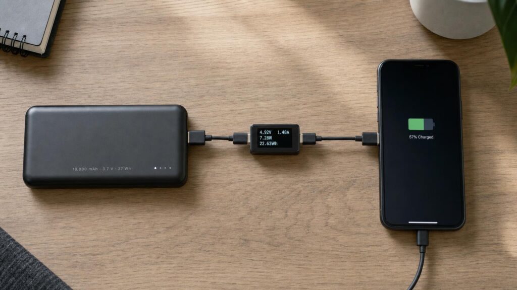 An unbranded power bank charges a phone through a USB meter showing less delivered energy than the bank’s rated capacity.