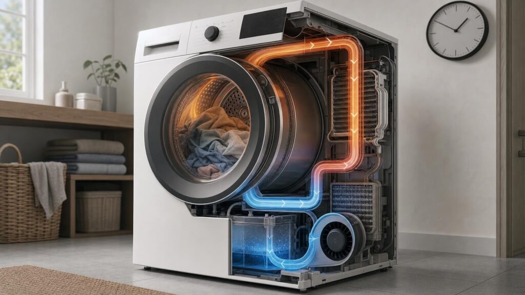 Cutaway view of an unbranded heat-pump dryer recirculating air through heat exchangers as laundry tumbles inside.