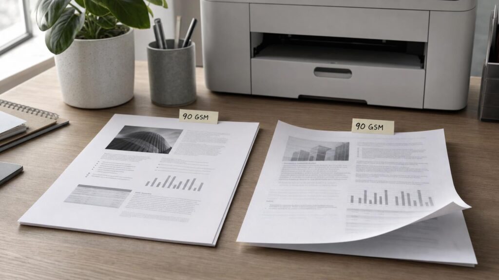 Two 90 GSM paper samples beside a printer, one flat and opaque and the other curled with reverse-side print showing through.