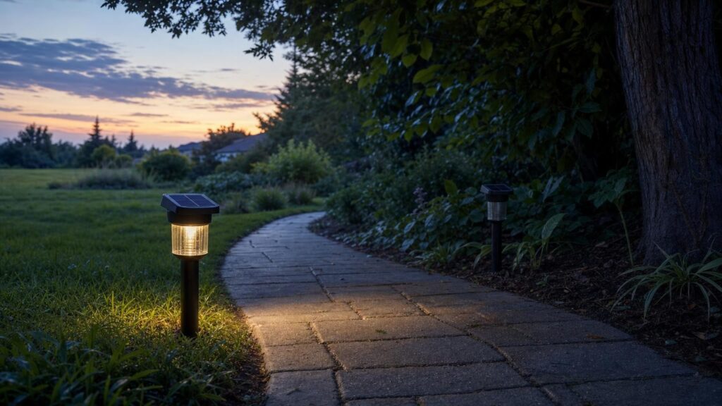 Two solar path lights at dawn, with the one under tree cover faded while the light in the open still glows.