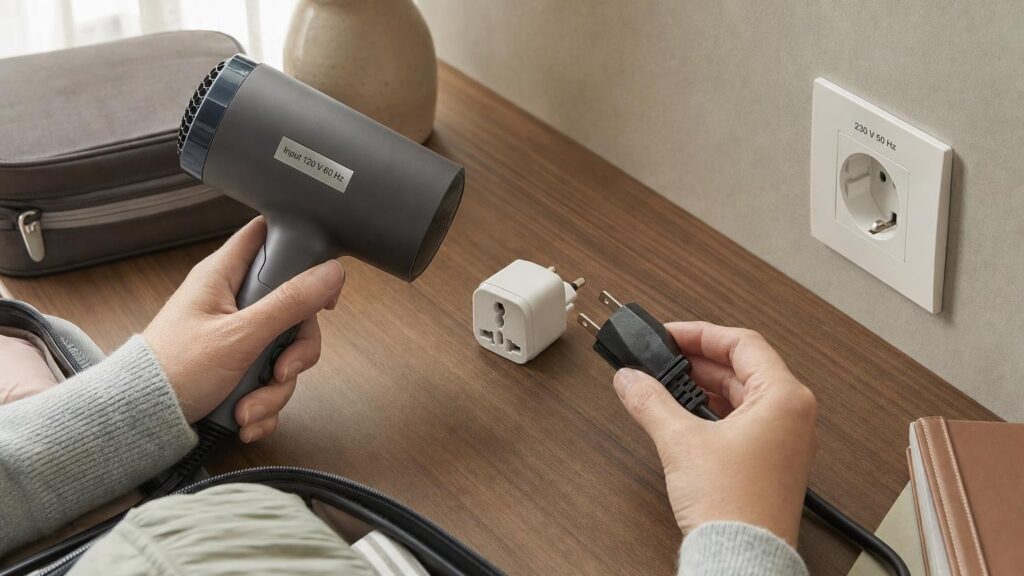 Hands check a 120 V hair dryer label beside a travel adapter and a wall outlet marked 230 V.