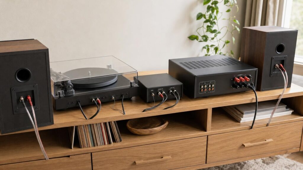 An unbranded turntable connected through a phono preamp and amplifier to passive bookshelf speakers.