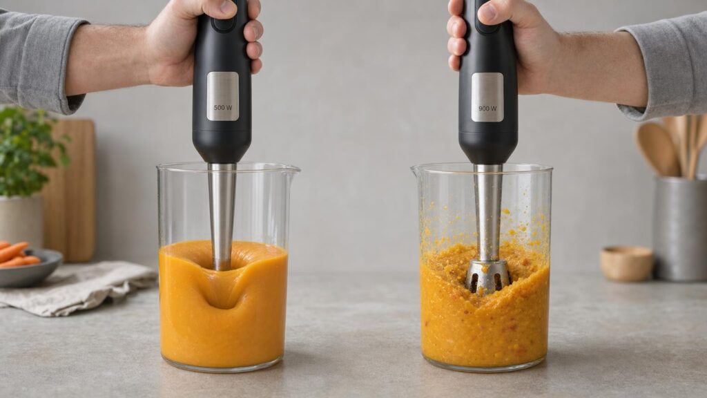 Two unbranded hand blenders with different wattage ratings produce different results in matching beakers of vegetable purée.