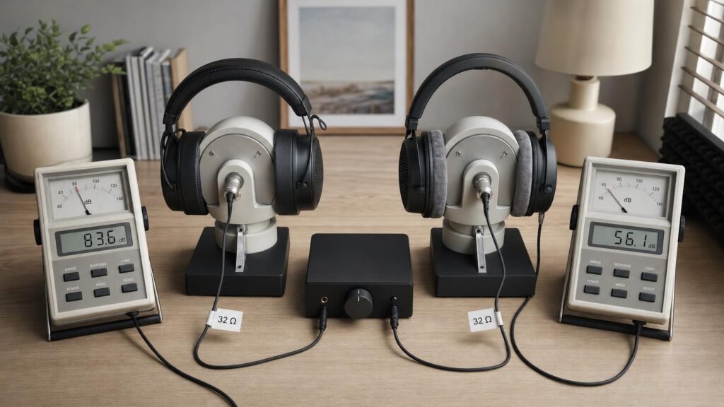 Two 32-ohm headphones on test couplers produce different sound-level readings from matching audio sources.