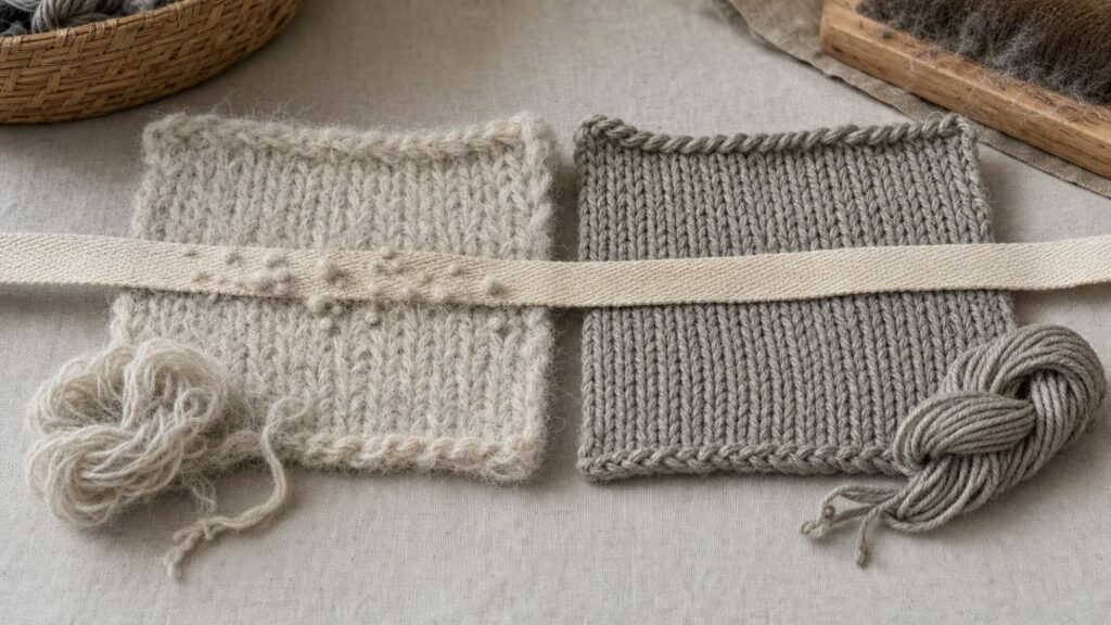 A canvas strap crosses a fuzzy, pilled open knit and a smoother, densely knitted swatch with firmly twisted yarn.