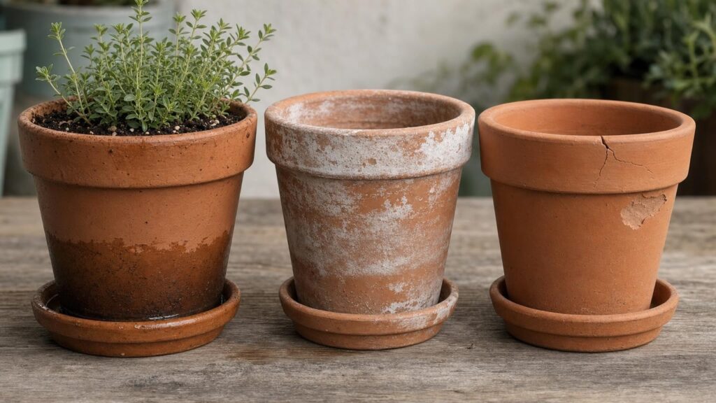 Three terracotta pots showing wet darkening, white mineral deposits and a fine crack with flaking clay.