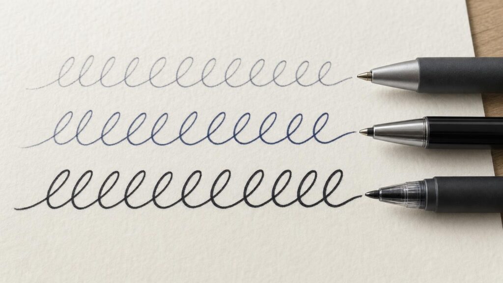 Three unbranded pens beside parallel writing samples showing fine, fluid and dense ink lines.