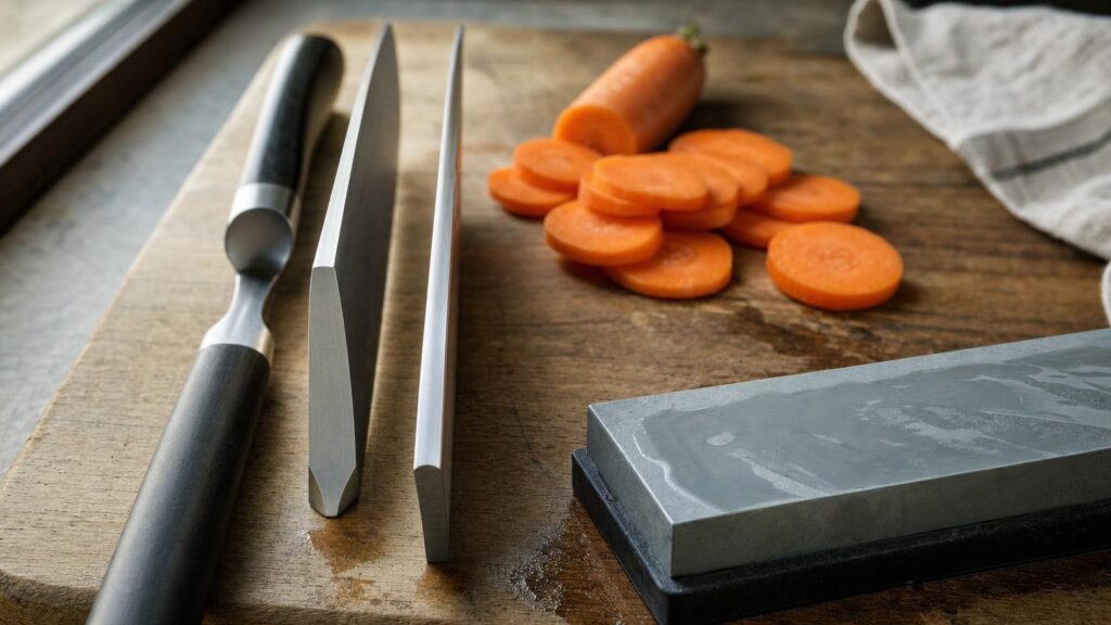 Two unbranded kitchen knives with different edge geometries beside sliced carrot and a whetstone on a wooden board.
