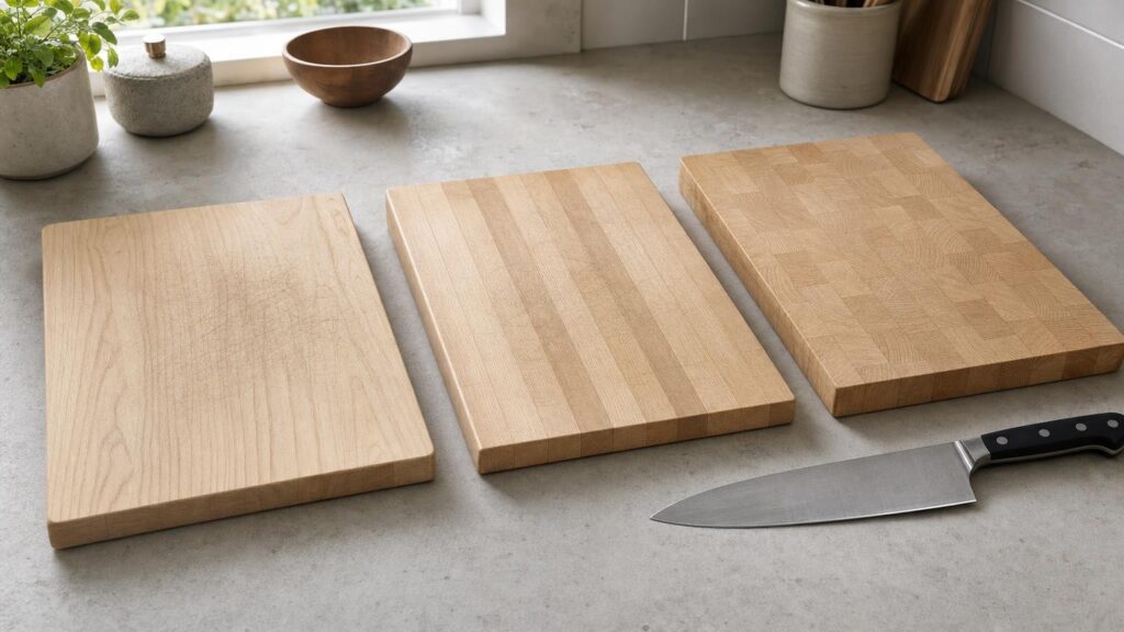 Three wooden cutting boards showing broad face grain, striped edge grain and block-patterned end grain beside a kitchen knife.