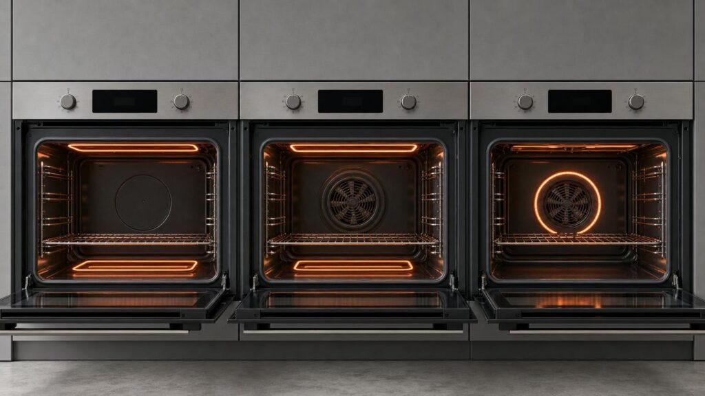 Three open ovens showing top-and-bottom heat, fan-assisted heat and a rear heating element around a convection fan.