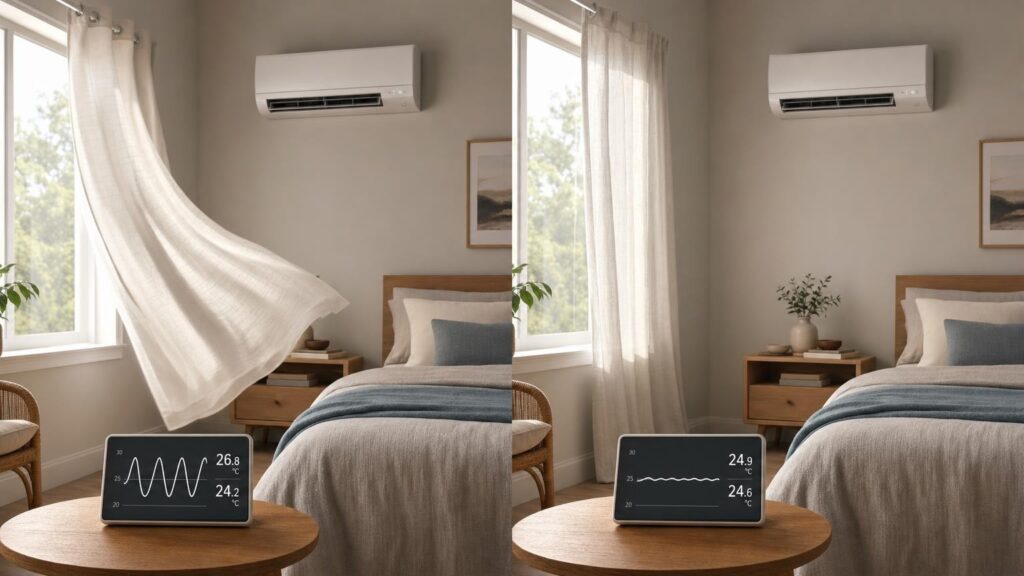 Matching bedrooms compare strong cycling airflow and fluctuating temperature with gentler airflow and a steadier temperature.