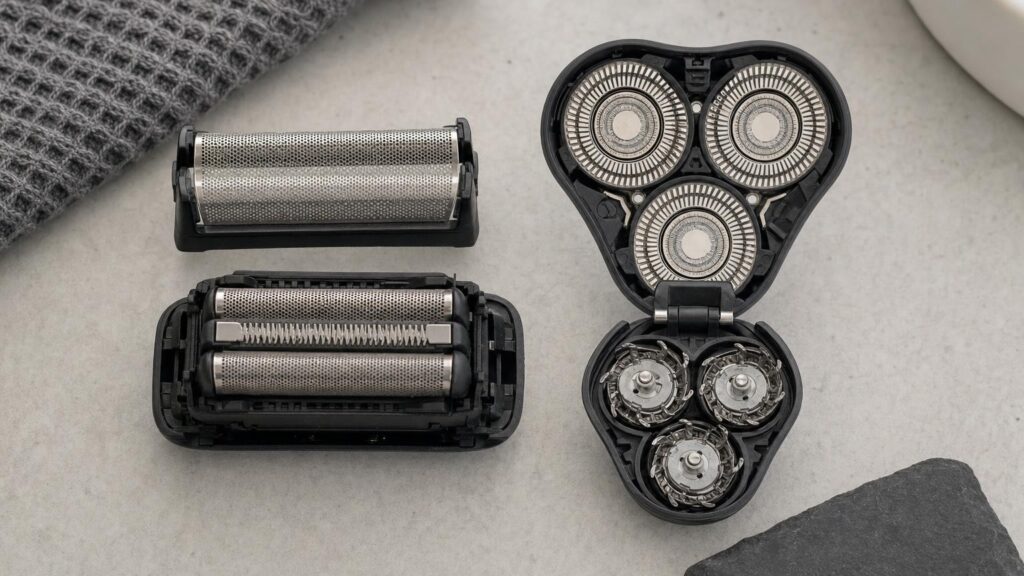 Opened foil and rotary shaver heads arranged side by side, revealing straight cutters and circular blade assemblies.