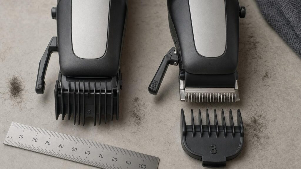Two unbranded hair clippers with differently shaped number 3 guards, exposed blades and taper levers beside a metric ruler.