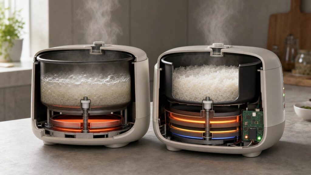 Cutaway comparison of a basic rice cooker’s temperature sensor and an electronic cooker using staged heat control.