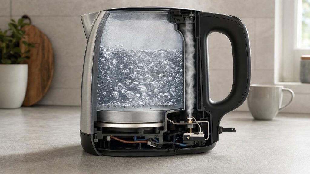 Cutaway view of a boiling electric kettle directing steam through an internal channel to a thermostat that releases the power switch.