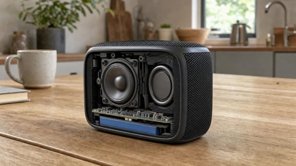 Cutaway view of a small unbranded Bluetooth speaker showing its driver, passive radiator, electronics and battery.