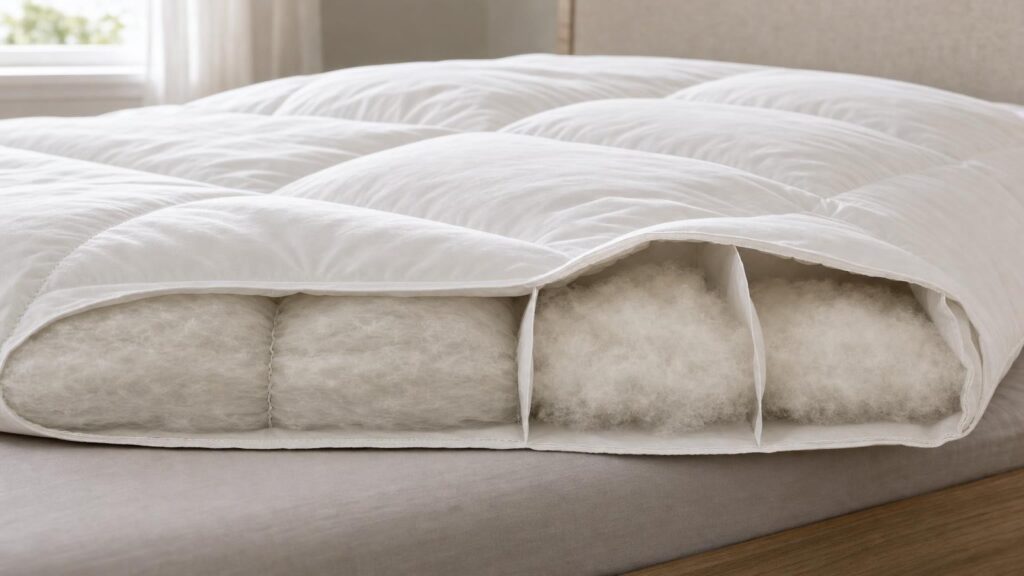 Cutaway of a white duvet showing compressed sewn-through pockets beside evenly lofted baffled compartments.