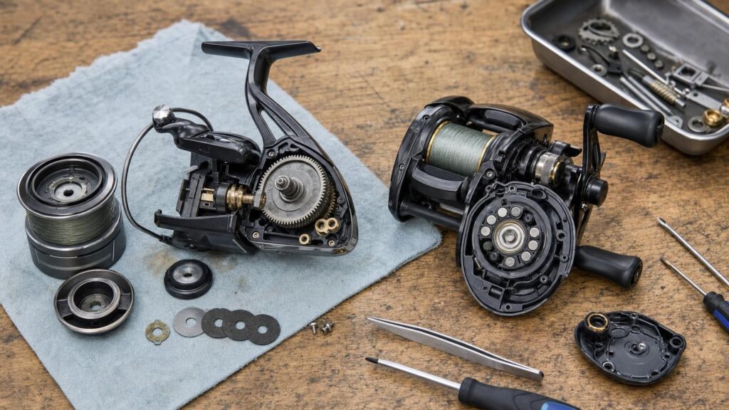 Open spinning and baitcasting reels on a workbench with their spools, drag parts and internal gears visible.
