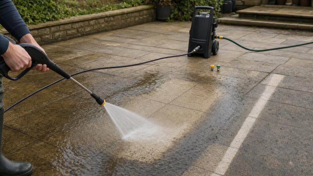 A pressure washer fan spray clears a broad patio strip beside a thin line made by a concentrated jet.
