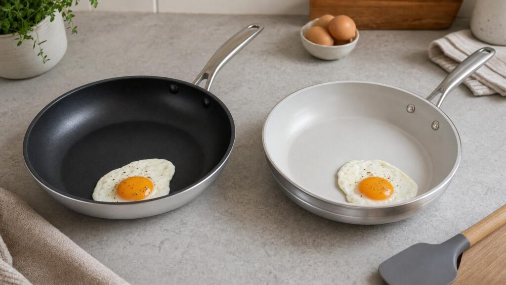 Two unbranded non-stick pans with contrasting dark and pale coatings, each releasing a cooked egg.