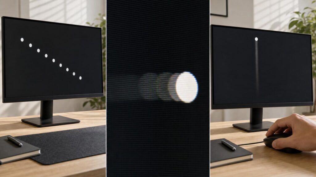 Three views of a monitor illustrate refresh cadence, pixel trailing and the delay between a mouse click and an image appearing.