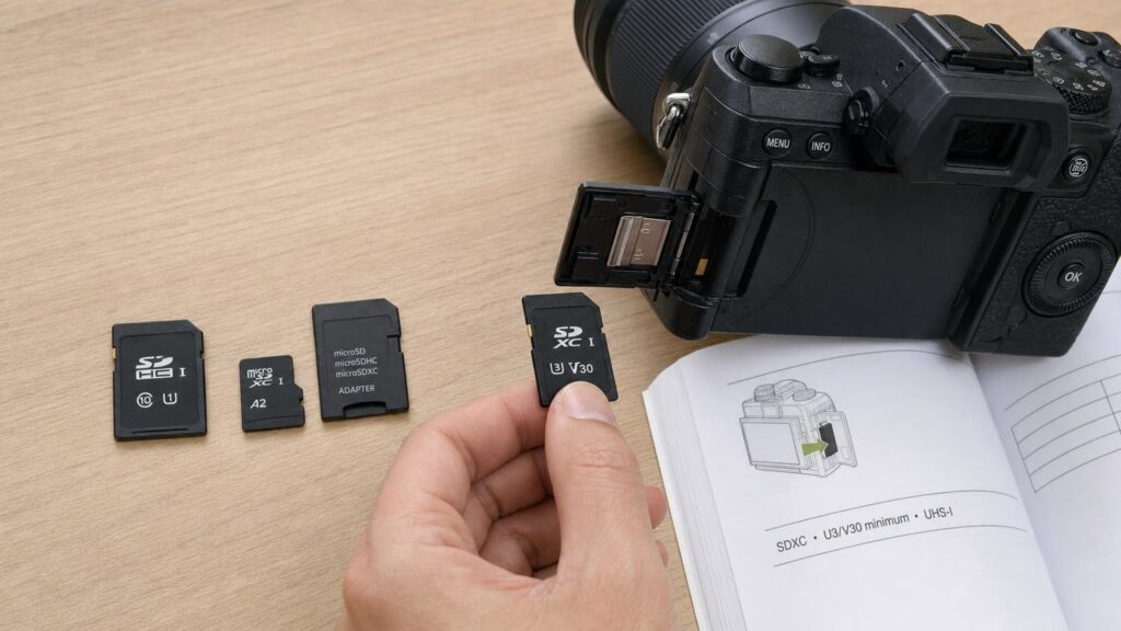 A hand selects a V30 SD card for an unbranded camera from several cards with different formats and performance markings.