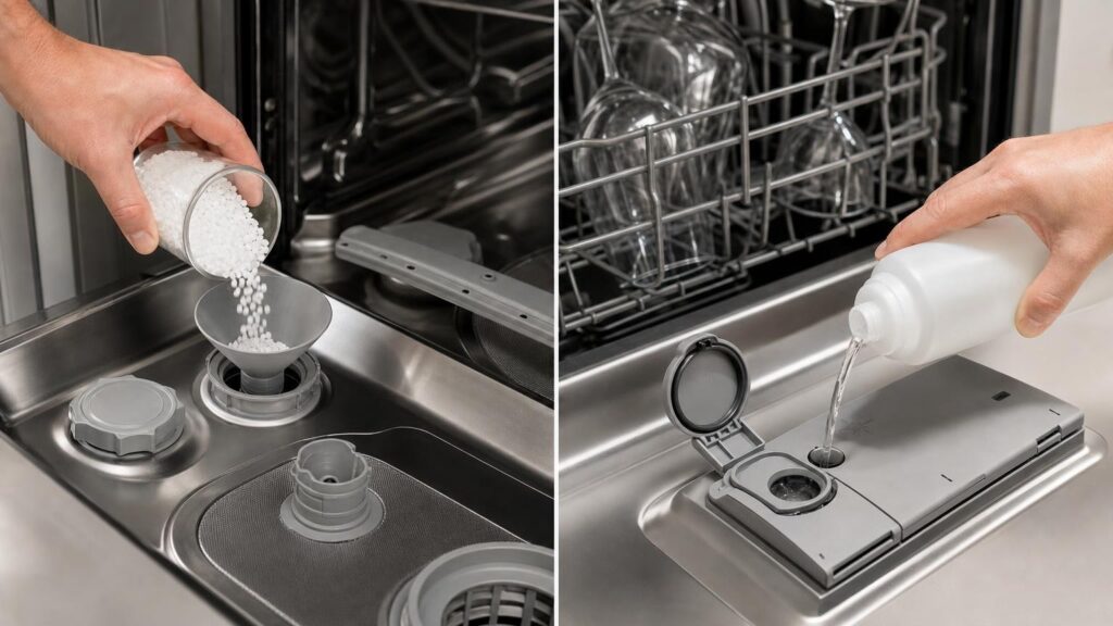 Split view of dishwasher salt being poured into the tub reservoir and rinse aid being added to the door dispenser.