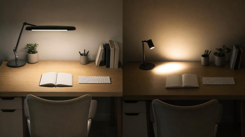 Two desk lamps illuminate similar workstations, one evenly covering the notebook and keyboard while the other creates a small hotspot and dark edges.