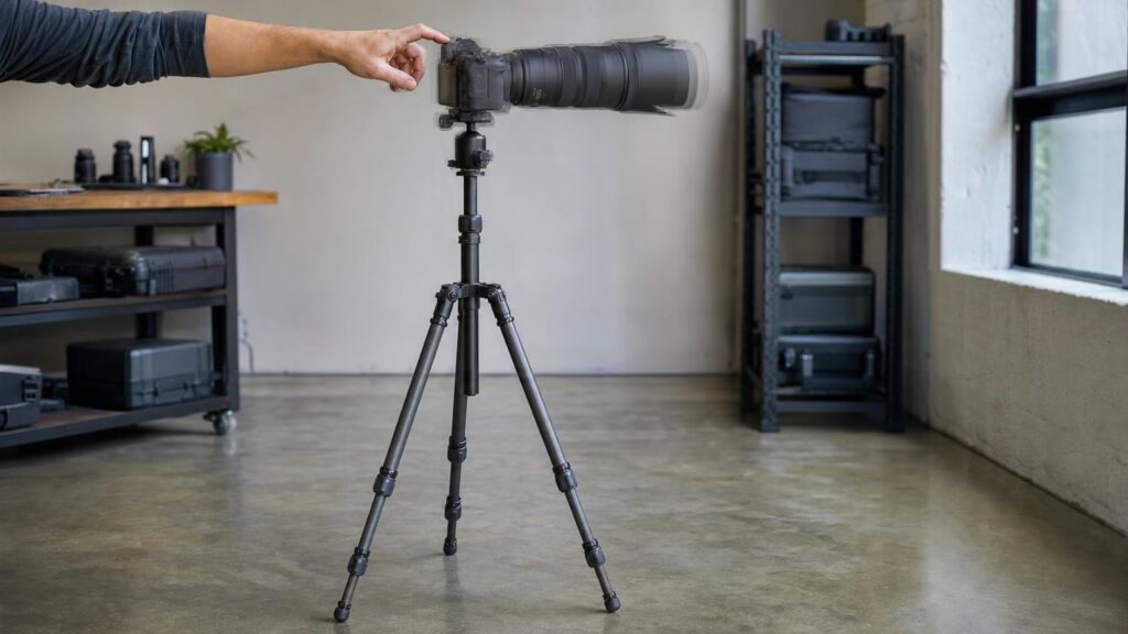 A hand touches a camera on a fully extended tripod as the long lens shows slight residual vibration.