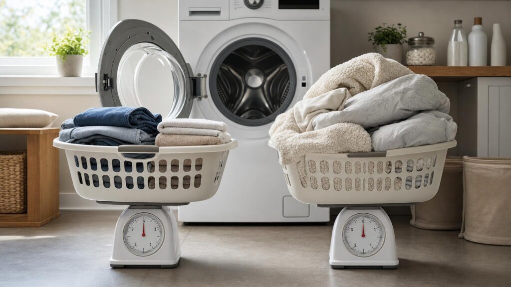 Two equally weighted laundry baskets, one compact and one bulky, beside an open washing machine.