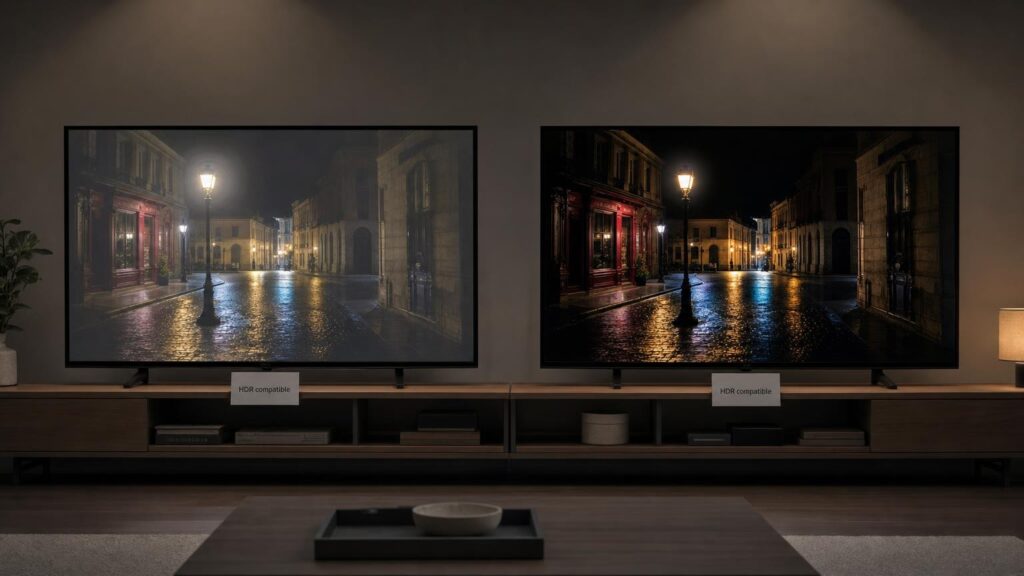 Two HDR-compatible televisions show the same night scene, one with washed-out blacks and blooming and the other with controlled highlights and clear shadow detail.