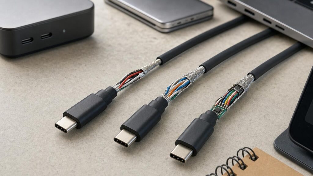Three identical-looking USB-C plugs beside cable cutaways revealing different internal wiring and electronics.