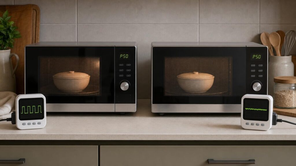 Two unbranded microwaves set to 50% power beside monitors showing pulsed and steady power delivery.